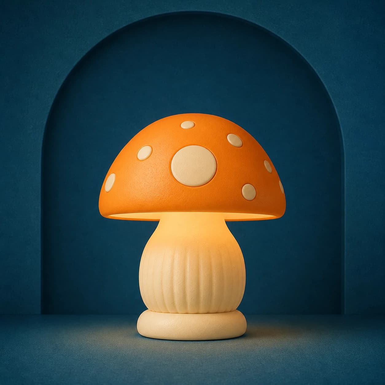 Orange mushroom-shaped night light glowing against a deep teal background