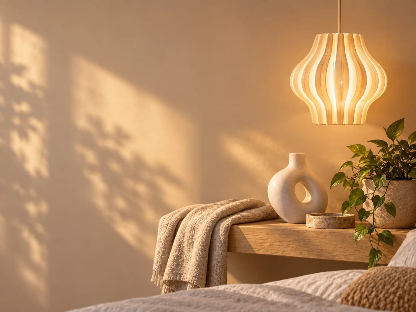 A ribbed pendant lamp lit above a wooden bedside shelf, with a throw and a trailing plant