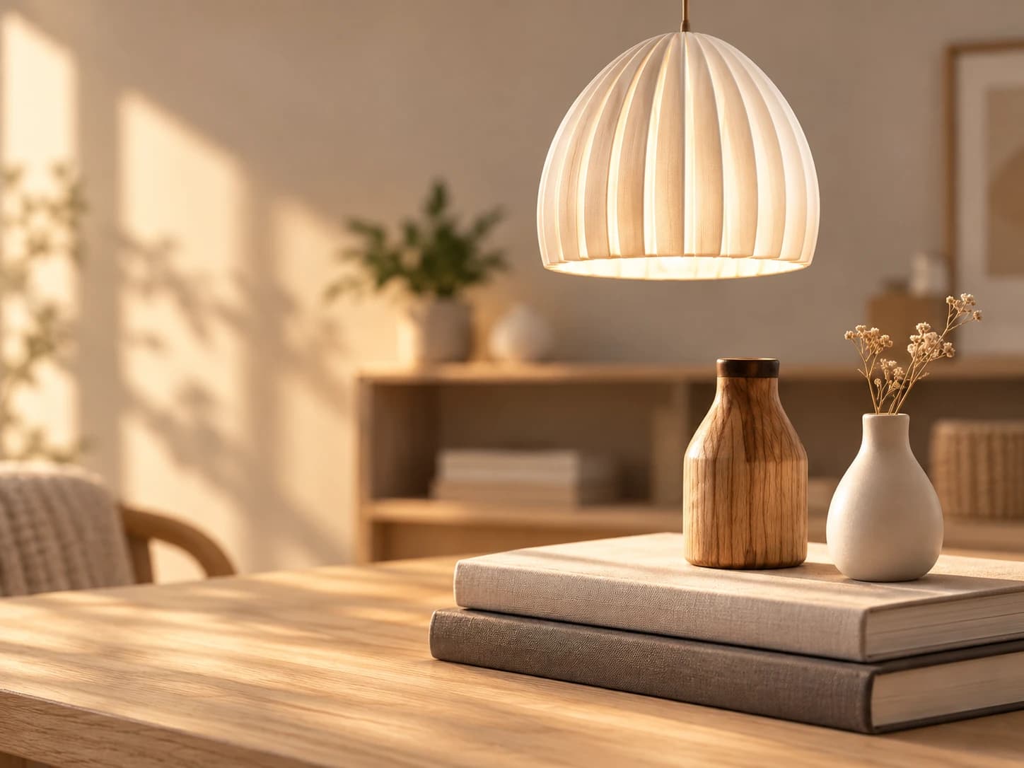 A domed pendant lamp lit over a wooden dining table set with books and a small vase