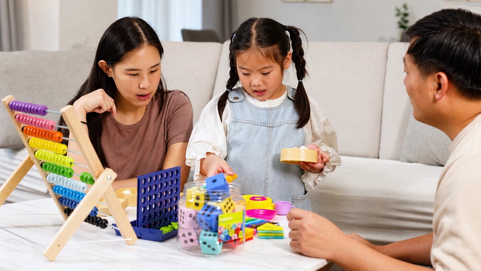 A family sitting together at a low table playing with wooden toys and blocks