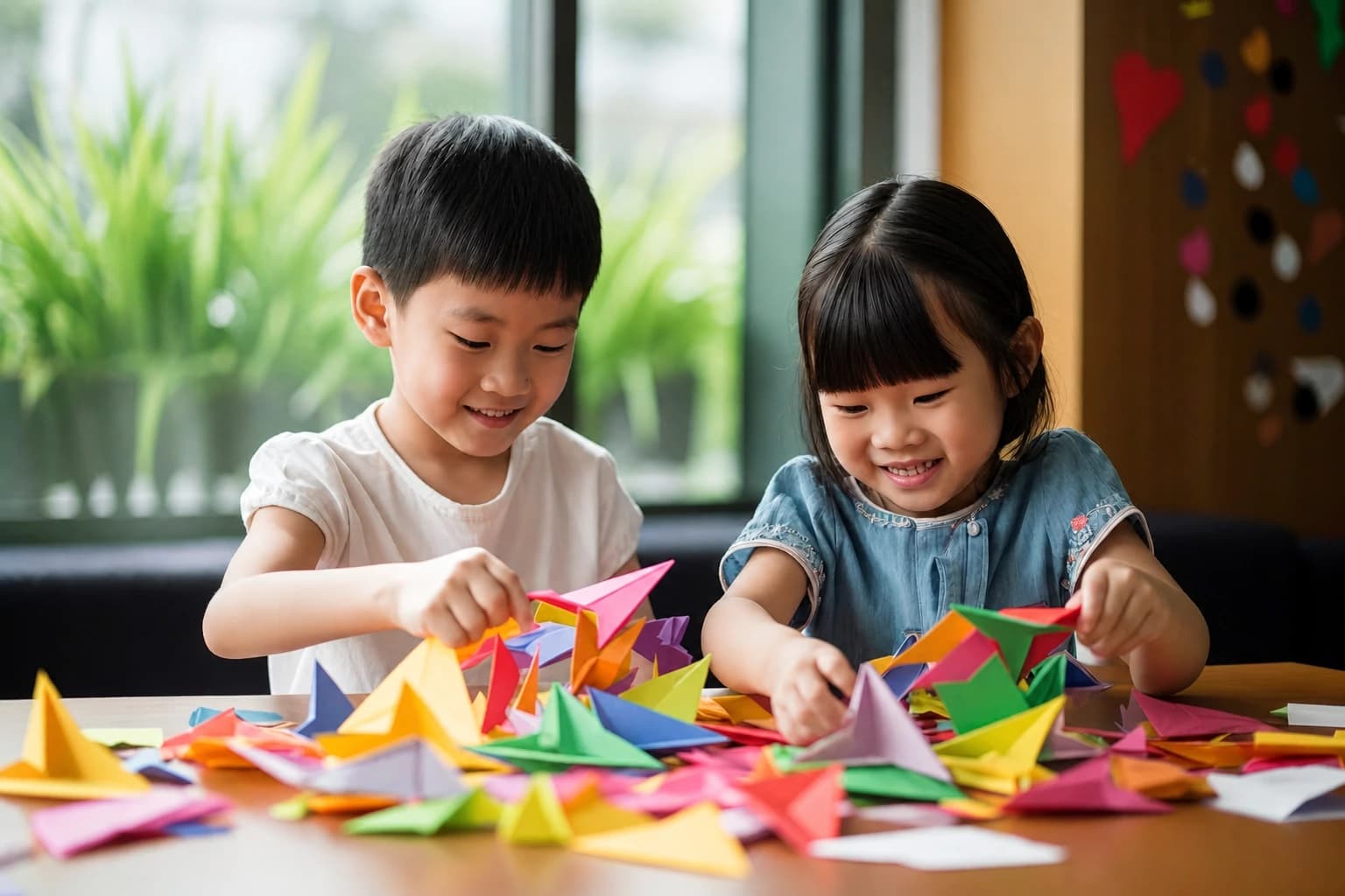 Two children sitting at a table folding brightly coloured paper shapes together