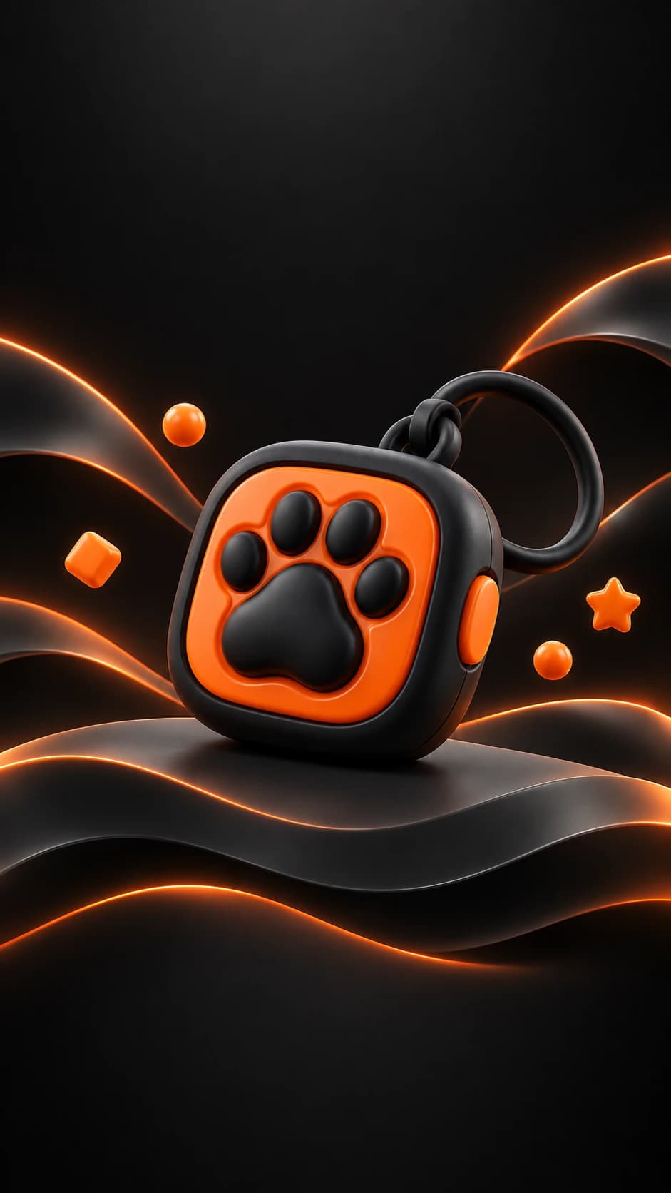 An orange and black paw-print clicker on a keyring, on a ribbon of orange light
