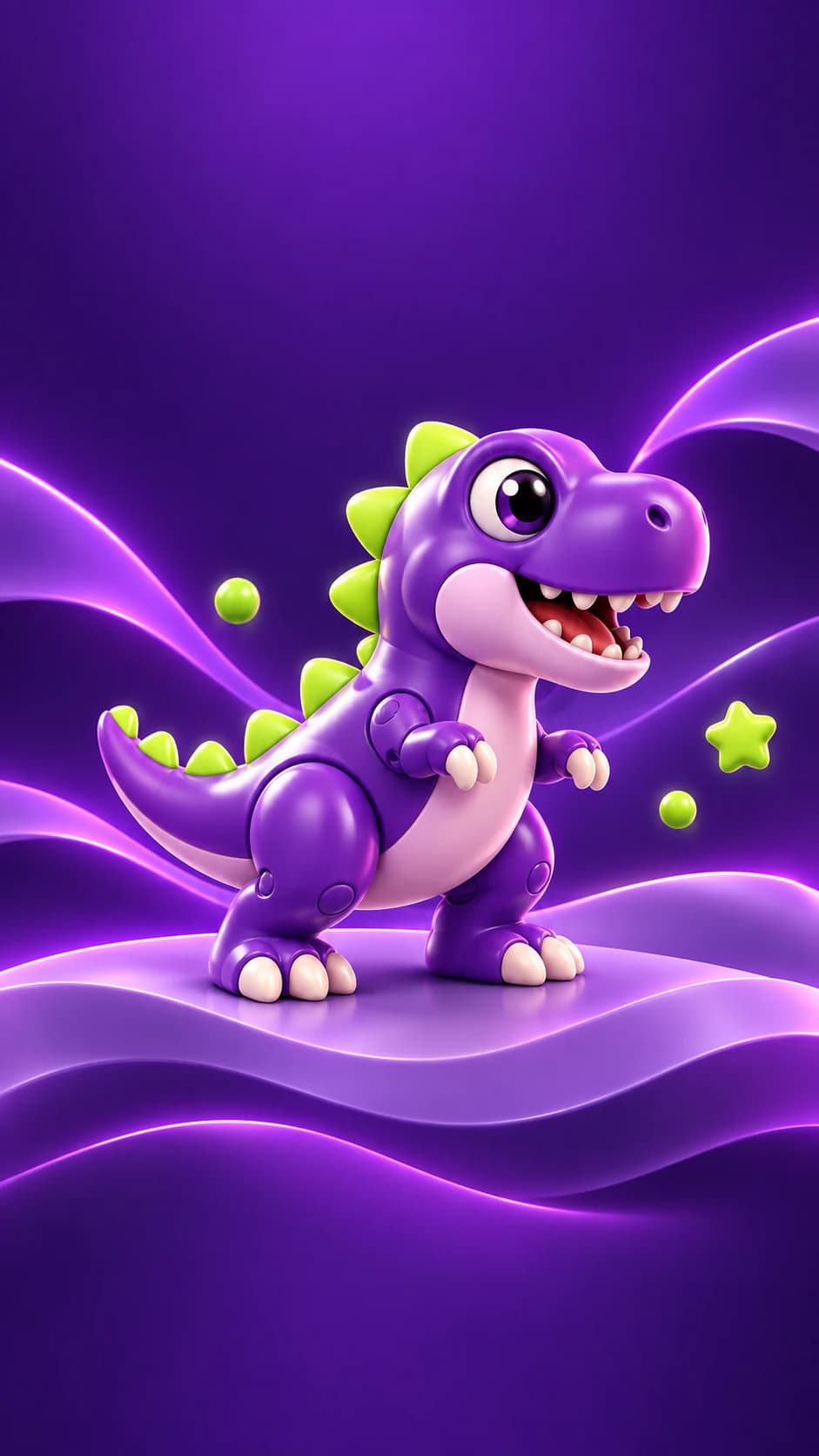 A purple and lime toy dinosaur standing on a ribbon of violet light
