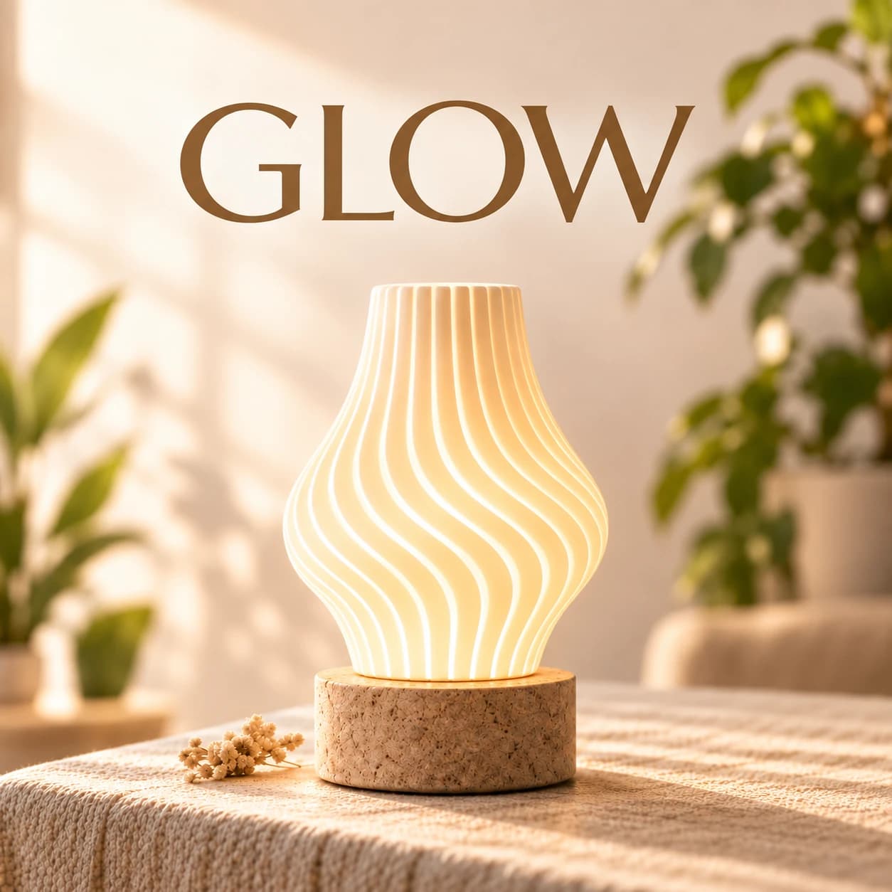 GLOW: a rippled 3D-printed table lamp lit warm on a cork base, centred on a linen tablecloth beside dried flowers, with houseplants in soft focus behind it