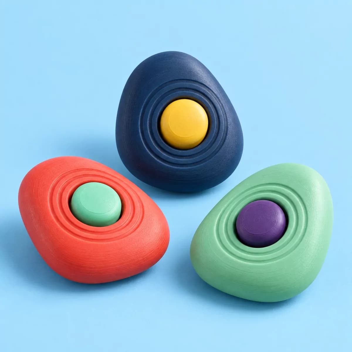 Three colourful Clikitz Pocket Pebble tactile clickers