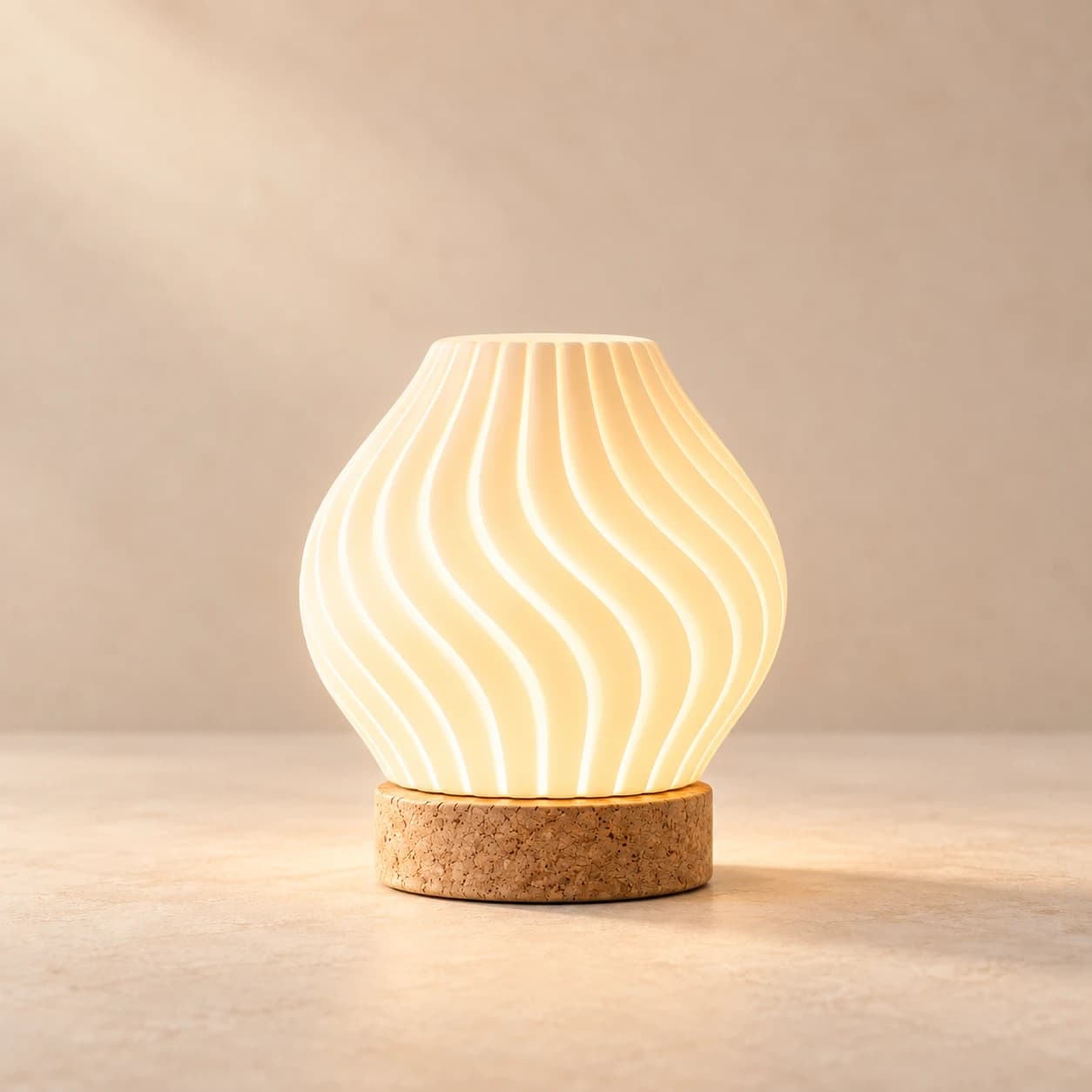 The Glow Ripple table lamp lit on its cork base, a slow spiral turning through its shade