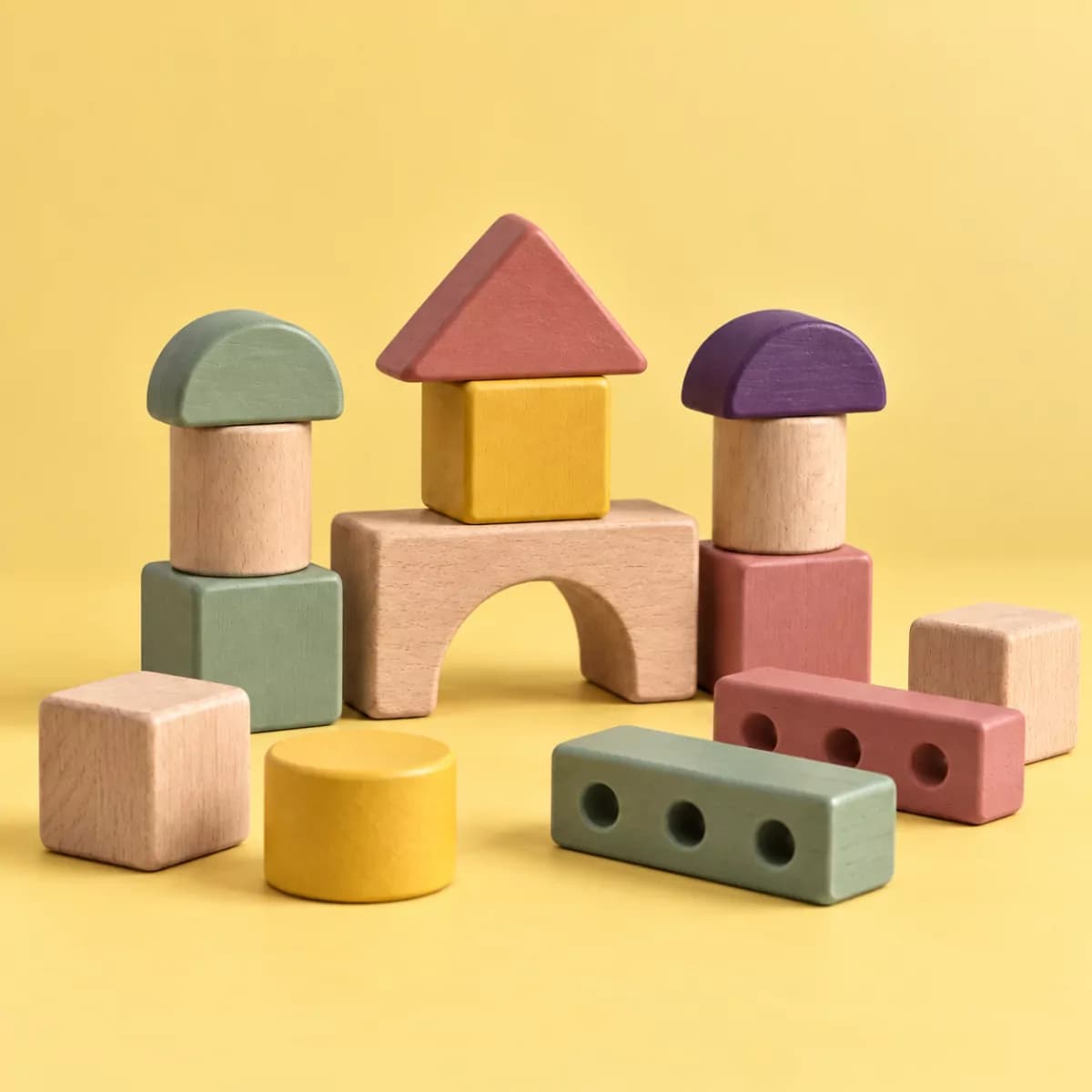 Plix Meadow Mini Blocks wooden building set on a yellow background