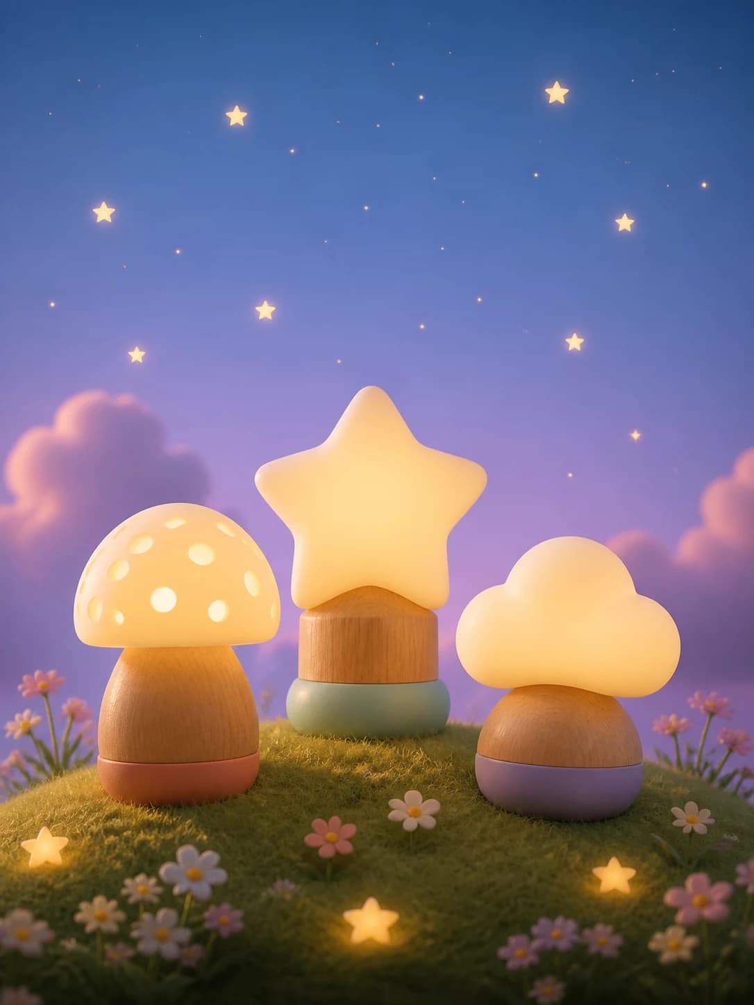 Three glowing wooden night lights on a grassy hill under a starry sky